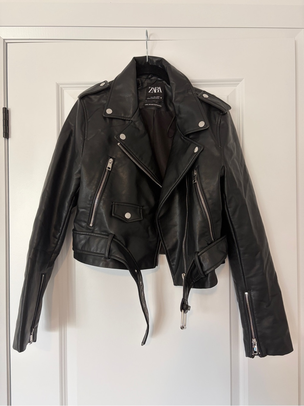 ZARA Black Leather Biker Jacket with Zip Details